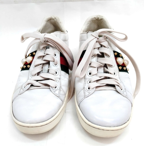 Gucci Sneakers Leather Ace Sherry Line Pearl Studs Size 36.5 - Picture 2 of 11